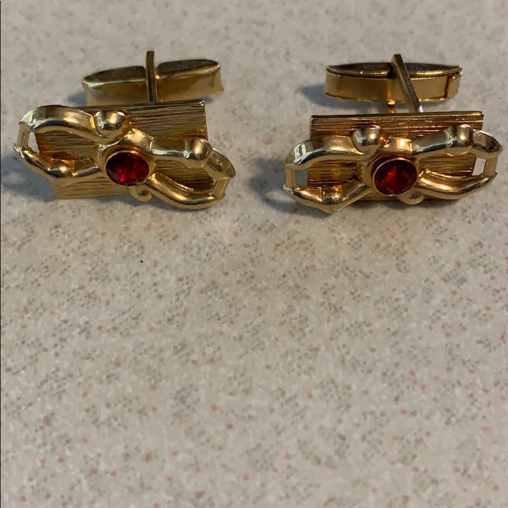 Cuff links gold tone red rhinestone